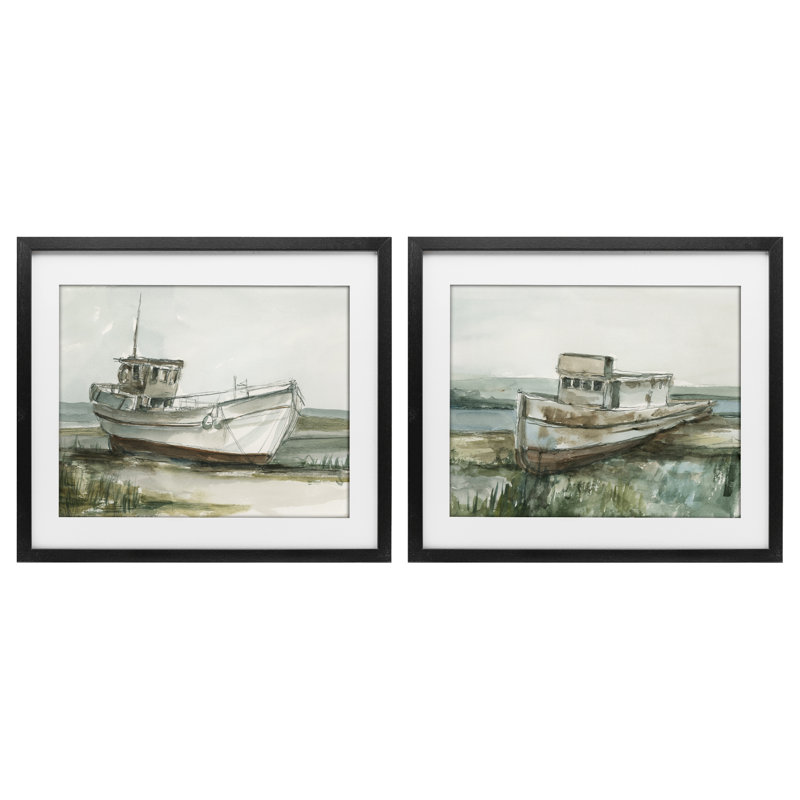 Abandonné, bateaux de pêche, ensemble de 2 reproductions encadrées sous verre, par Ethan Harper, H 13 po x l 16 po