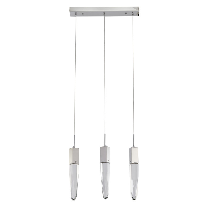 Luminaire suspendu géométrique à 3 lumières pour îlot de cuisine avec détails en cristal, Chrome clair