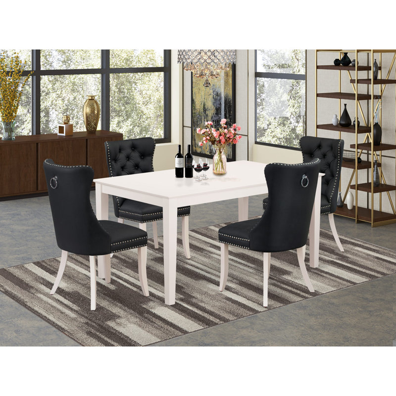 Ensemble de salle à manger 5 pièces comprenant une table de salle à manger rectangulaire moderne et 4 chaises Parson revêtues de tissu en polyester, lin blanc