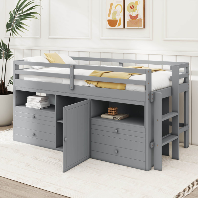 Jonee Loft Bed With 4 Drawers, Gray