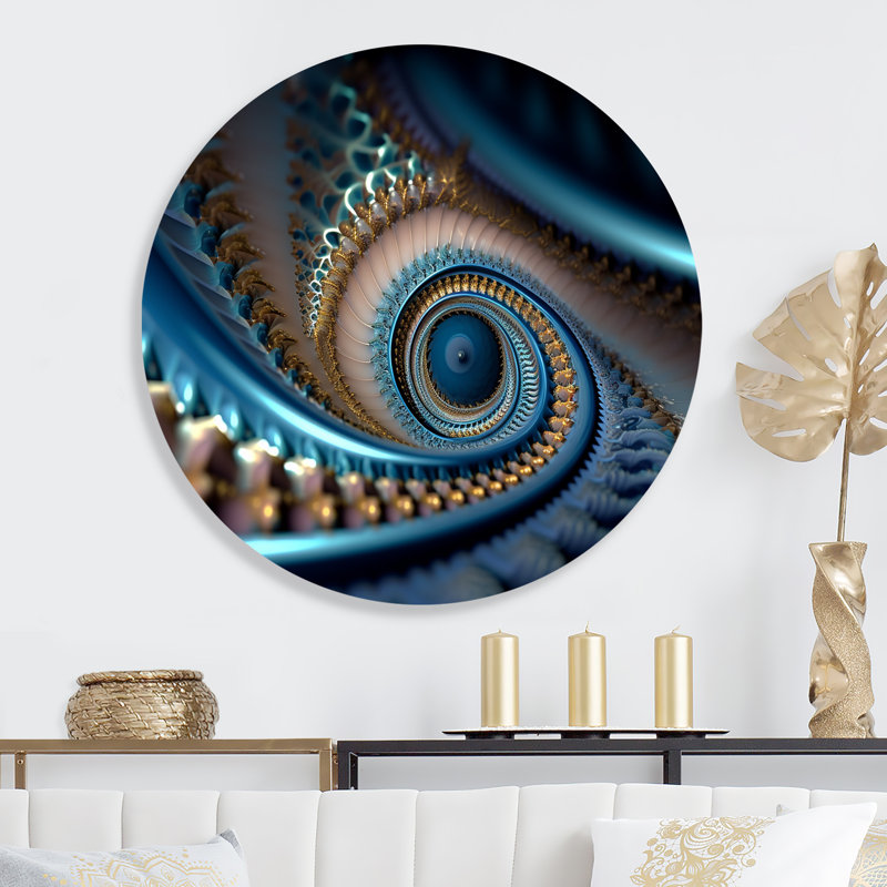 «Turquoise Fractal Mystery V», art mural rond géométrique abstrait sur métal, L 29 po x H 29 po