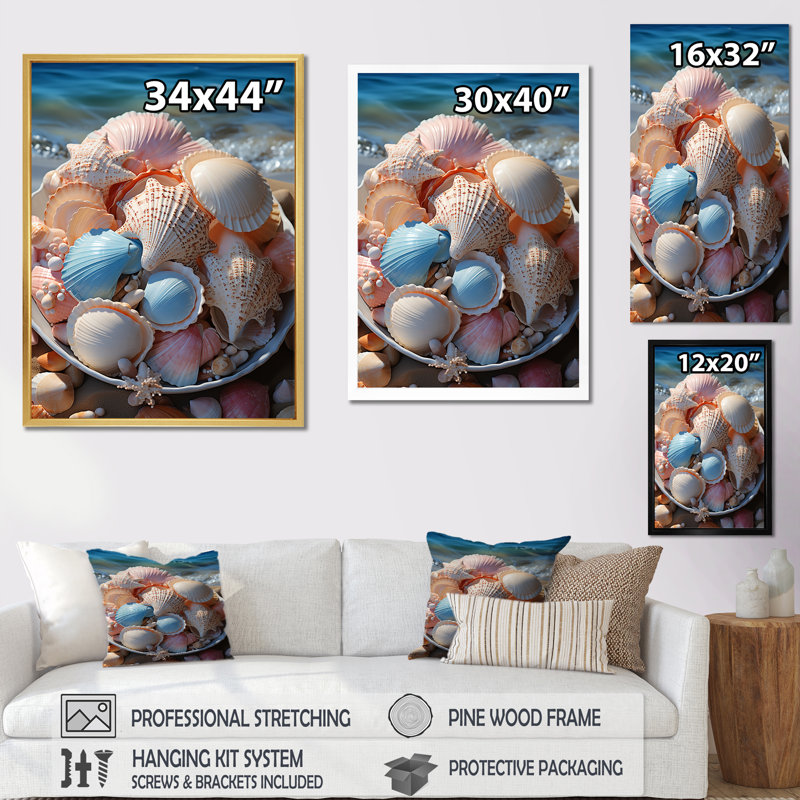 «Seashells On Dreamy Tide III», reproduction sur toile, H 32 po x l 16 po x P 1 po, Cadre doré simple
