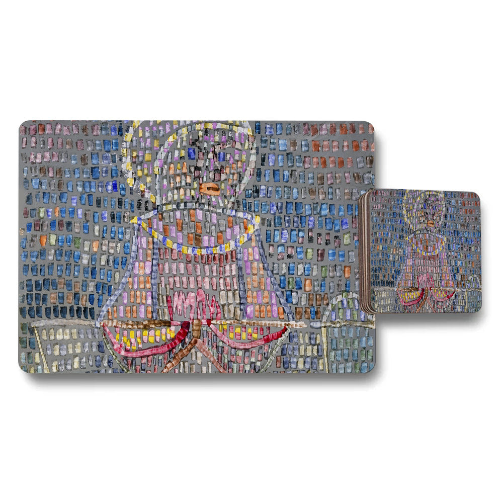 Placemat And Coaster Set With Abstract Mosaic Meditating Figure Artwork