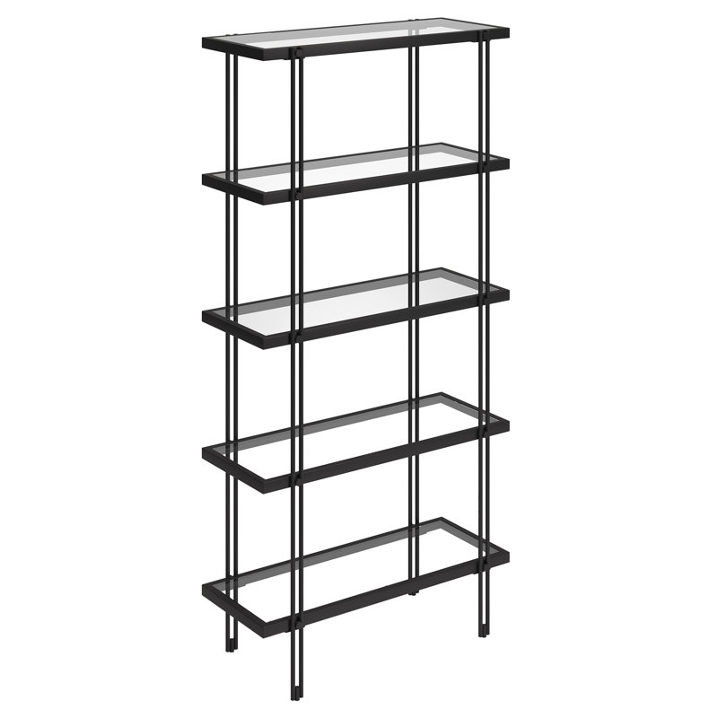 Inez 68"H 4-Tier Metal Glass Tall Rectangular Bookcase in Blackened Bronze, Black