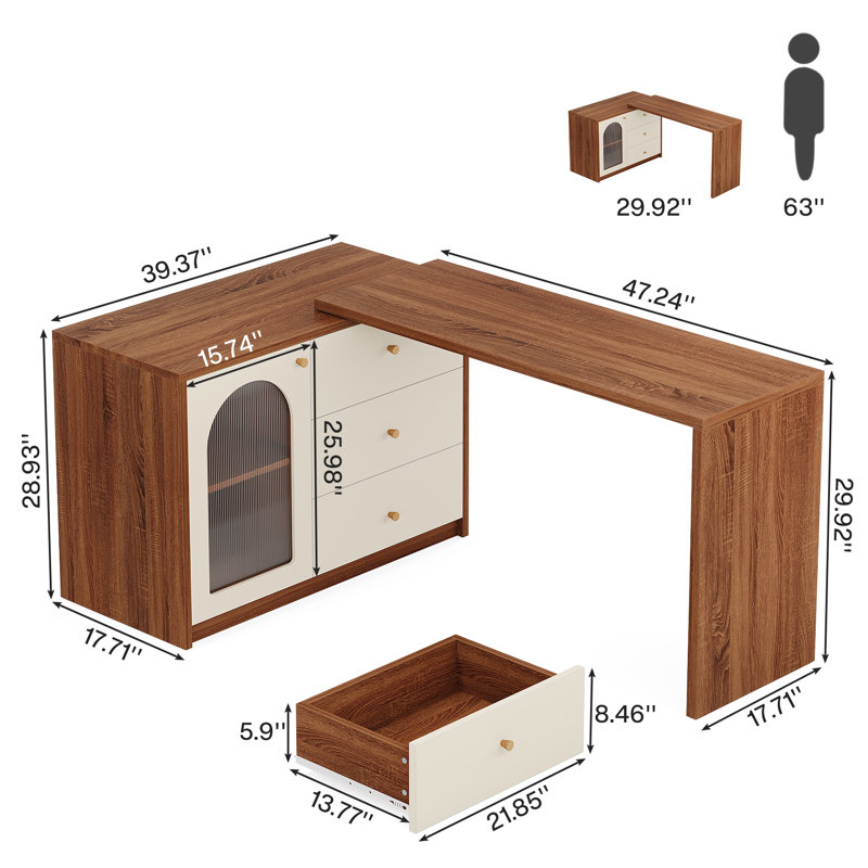  L-Shaped Computer Desk, Metal Base Office Desk With Cabinet