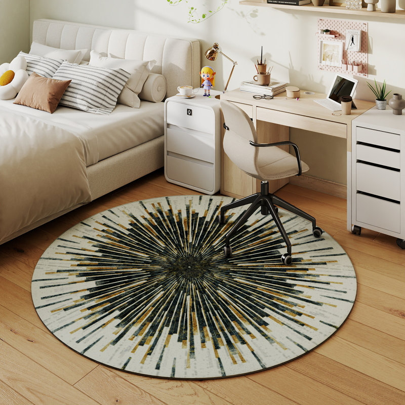 Machine-washable, non-slip round printed rug with abstract design. Foldable and pet-friendly, perfect for living rooms, bedrooms, and children's rooms.