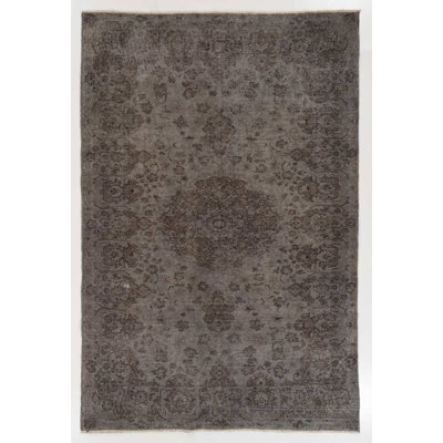 Tapis turc rétro fait à la main 6 x 9,2 pi. Tapis moderne en laine gris surteint