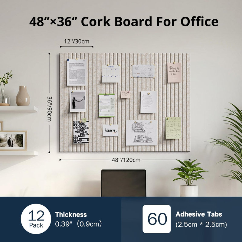 Panneau de liège en feutre 48 po x 36 po avec 60 onglets adhésifs avoine | Paquet de 12 planches de liège pour le bureau