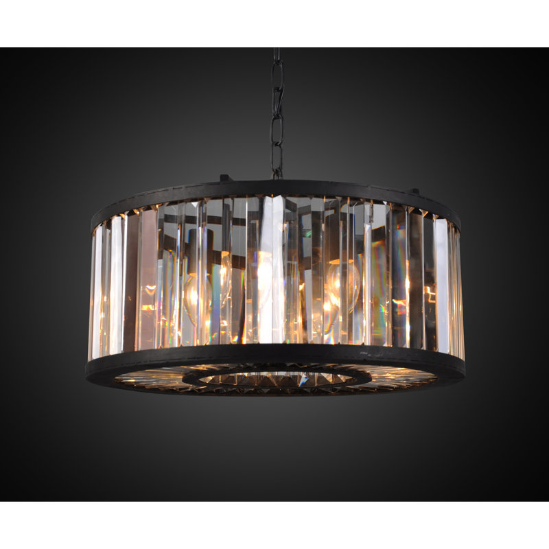 Lustre en métal noir 6 lumières avec détails en cristal transparent