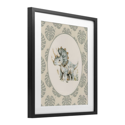 Aquarelle de dinosaure, bordure tropicale, reproduction encadrée sous verre, design par LSR Design Studio
