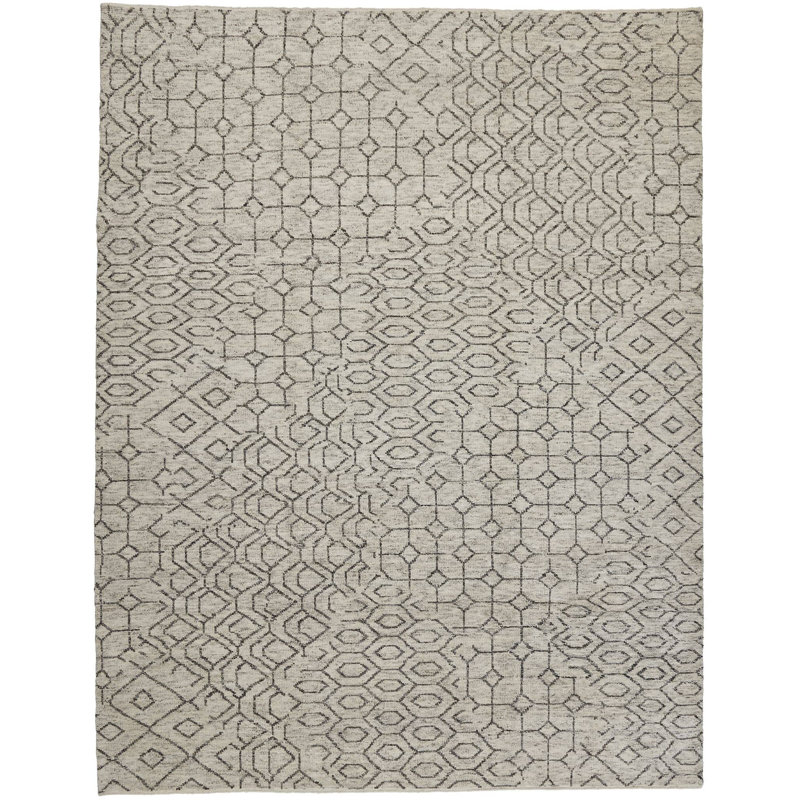 Sashiko Hand Knotted Geometric Area Rug in Gray/Brown, Rectangle 3' x 5'