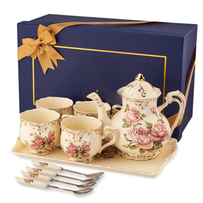 Service à thé en porcelaine rose rétro, tasses à thé avec théière, plateau de service et cuillère à café pour 4 personnes, convient aux cadeaux de fête