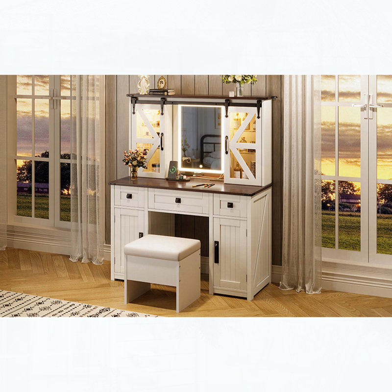 Bureau de coiffeuse Farmhouse avec miroir éclairé, station de charge, rangement pour porte de grange coulissante et tabouret