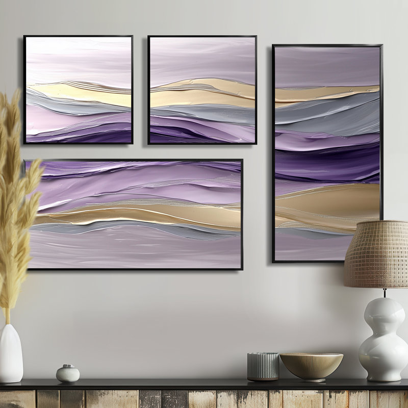 Lavande et pierres, horizon transitionnel II - art mural abstrait grand 4 pièces, Impression encadrée sans passe-partout