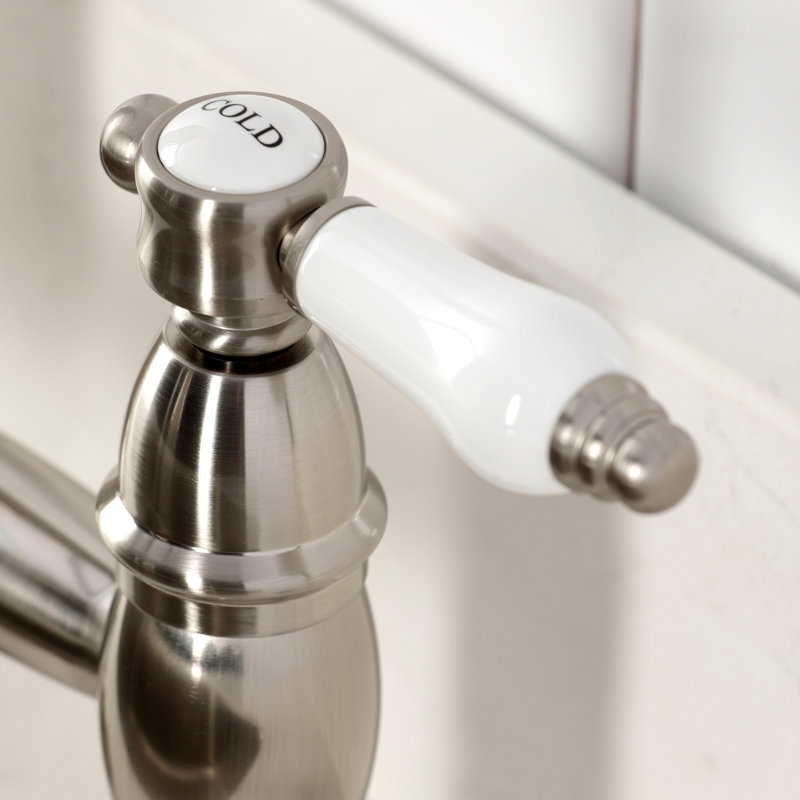 Kingston Brass Bel-Air Double-Handle 2-Hole Deck-Mount Pre-Rinse Bridge Kitchen Faucet, Brushed Nickel