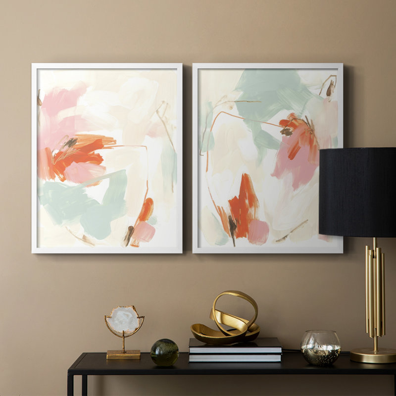 «Peach Blossom Mirage I», reproduction encadrée de qualité supérieure - prête à être accrochée - aucun clou requis - aucun clou requis