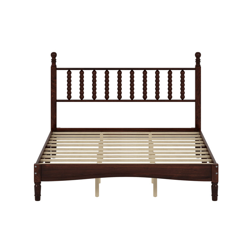 Lit plateforme grand avec tête de lit gourde - Structure de lit rétro en bois massif avec support à lattes, Noyer