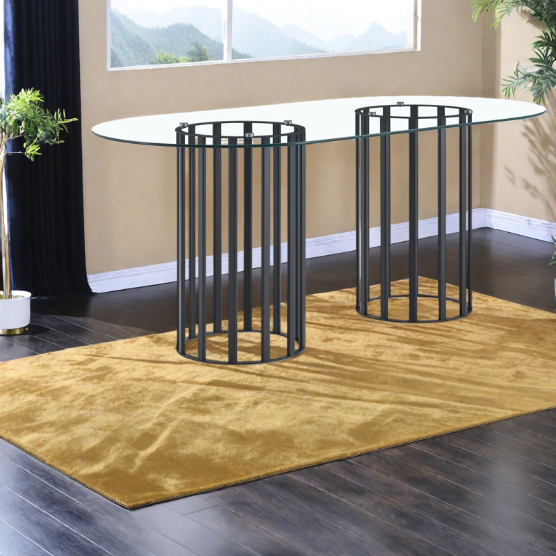 Table de salle à manger spacieuse en verre noir, verre trempé et métal, luxe moderne pour la maison
