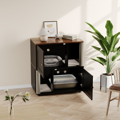 Enceinte pour chat pour 2 chats, litière cachée, double salle de bain moderne pour chats avec 2 grattoirs et poteau à griffer pour chat, table de bout pour le couloir du salon