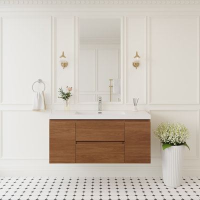 Meuble-lavabo flottant avec lavabo, meuble-lavabo mural moderne avec lavabo à surface solide et tiroirs à fermeture en douceur