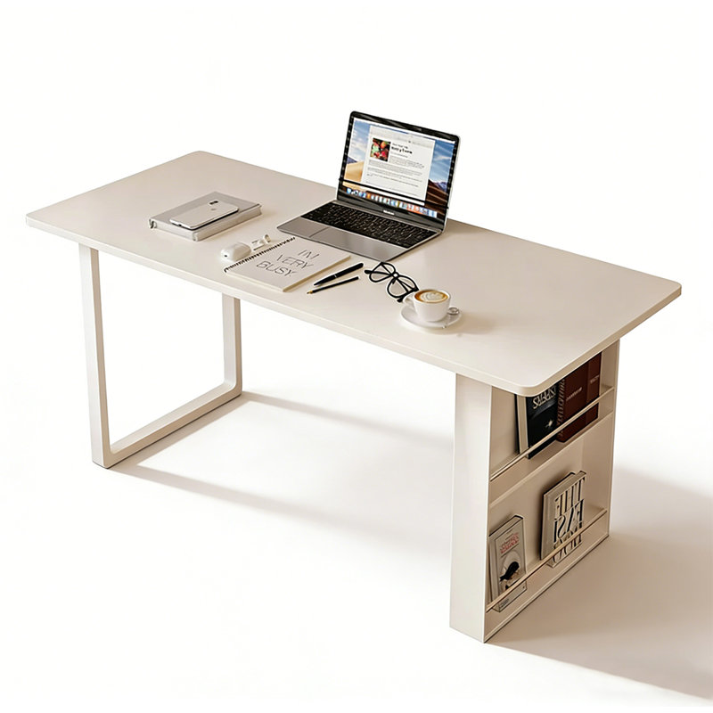 Bureau en pierre frittée avec porte-revues et structure en métal, H 29,5 po x l 55,1 po x P 23,6 po, Blanc