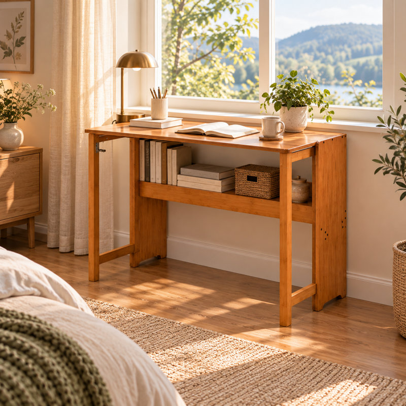 Bureau pliant en bambou brun 40,35 × 21,36 × 29,74 pouces, avec charnières en acier et tablette pour chambre, dortoir ou bureau