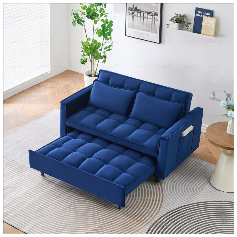 Canapé futon moderne en velours avec dossier inclinable, coussins décoratifs, poches et couchette convertible pour le salon