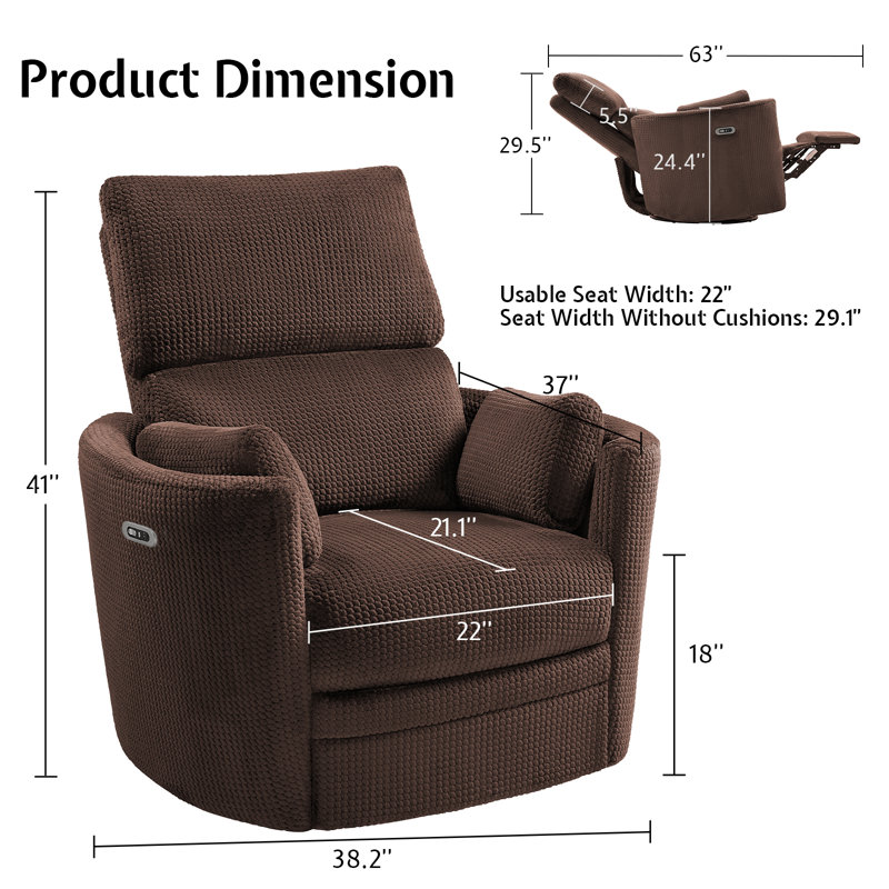 Fauteuil inclinable électrique berçant / 4 points de massage / USB et charge de type C, 2 coussins, Brun