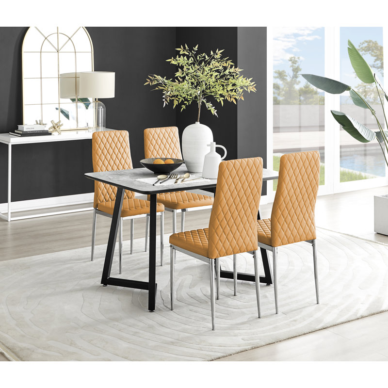 Marble Effect Melamine Dining Table and Chairs - 4 Luxury Faux Leather Dining Chairs, Mustard/Silver