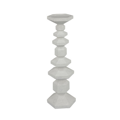 Tabletop Pillar Candle Stand, Stacked Geometric Shapes, White Resin 18 Inch