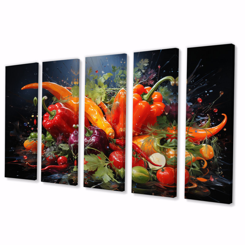 Légume piment rouge - art mural sur toile de ferme - 5 panneaux égaux