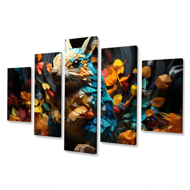 Colorful Squirrel Squirrels Antics Geometric - Animals Wall Decor - 5 Panels