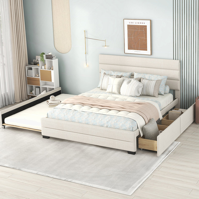 Lit plateforme tapissier confortable avec lit gigogne et deux grands tiroirs pour une chambre propre et spacieuse