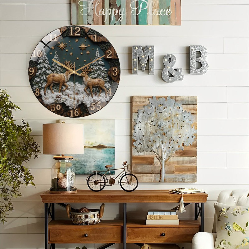 Horloge murale en verre Winter-Deer-Face-With-Stars