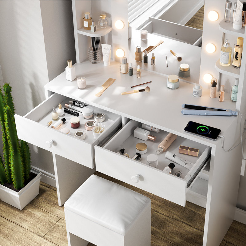 Coiffeuse blanche avec miroir lumineux, prises de courant et tabouret de rangement, 6 tablettes ouvertes et 2 tiroirs, Blanc