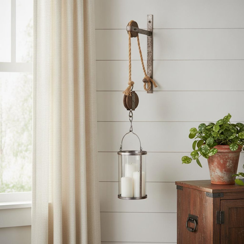 32" Silver Metal And Glass Wall Sconce Candle Holder