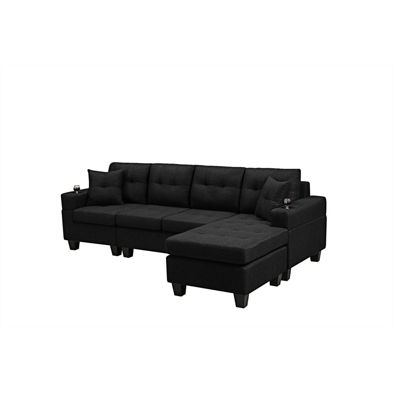Calliandra Upholstered L-Shaped Sectional Left Hand Facing, Black Linen Blend,  Right Hand Facing
