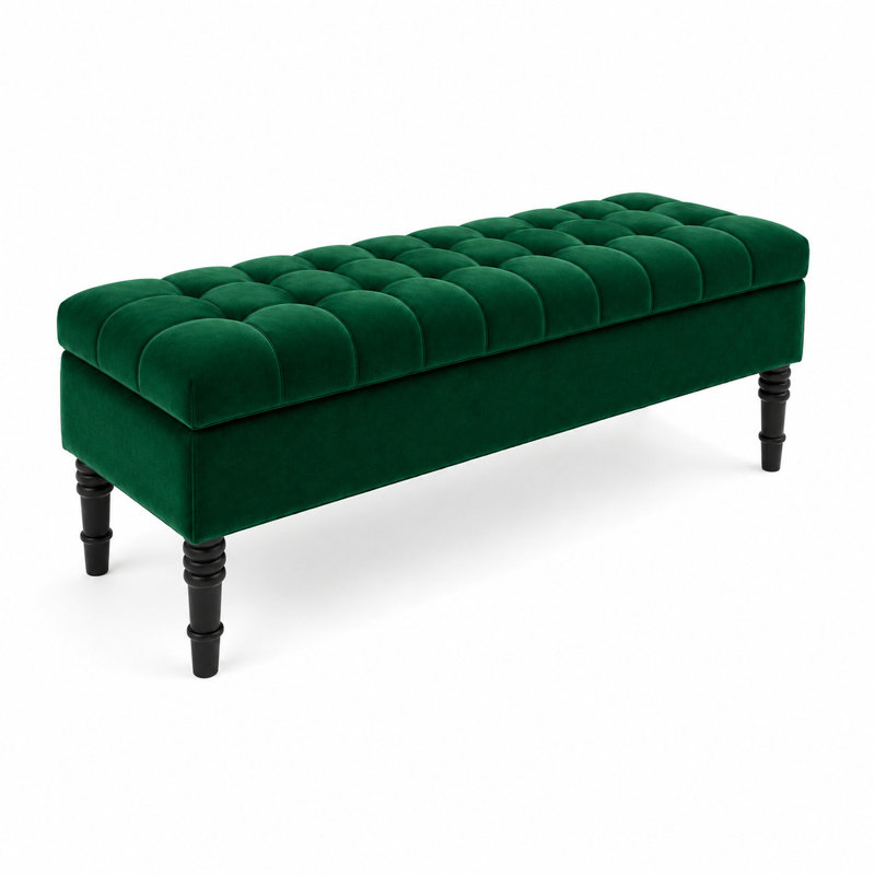 Cubed Tufted Rectangle Ottoman Storage Bench, Upholstered Plush Velvet Shoe Bench with Black Turned Wooden Legs