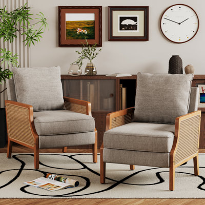 Upholstered Burlap Accent Chair With Wooden Legs And Rattan Arms