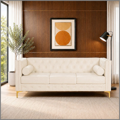 78.5" Cream White Faux Leather Sofa Couch for Living Room, Luxury Button Tufted 3 Seater Sofa with Gold Metal Legs and Bolster Pillows, Modern Mid Century Couch for Apartment, Bedroom and Office