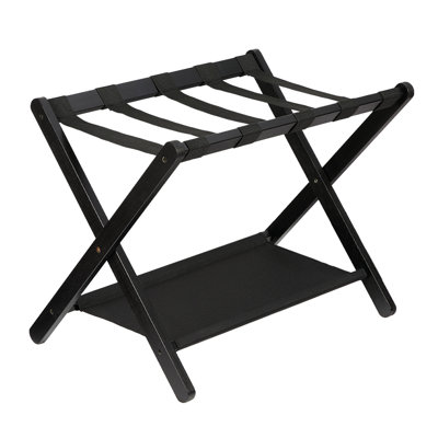 2-Tier Bamboo Luggage Rack with Fold-Flat Design, Sturdy Suitcase Stand with Lower Shelf for Shoes or Bags, for Guest Rooms and Hotels