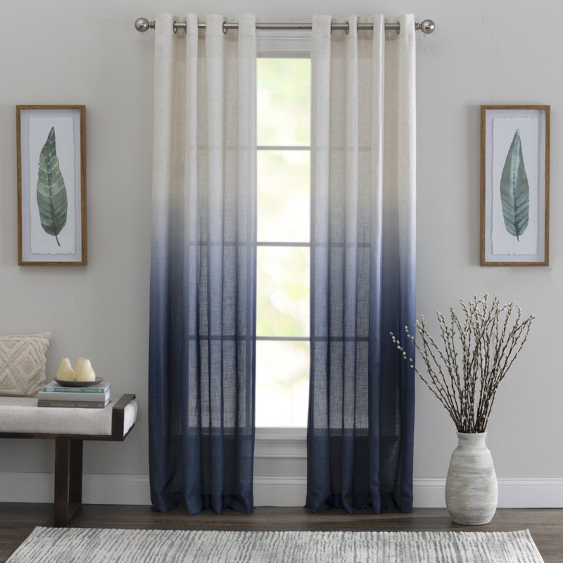 Celestino Polyester / Linen Light-Filtering Ombre Patterned Curtain Panel with Grommet Top , Beige/Navy, 50" W x 84" L