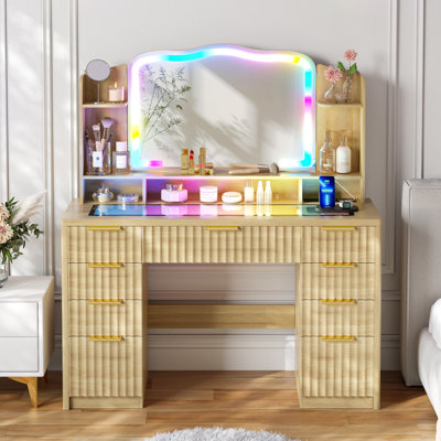 47.2" W Modern Large Vanity Desk With 9 Drawers, Glass Top, RGB Lighted Mirror & Power Outlets, Charging Station