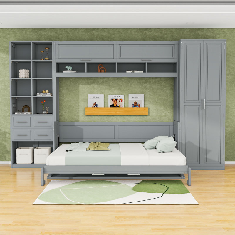 Lit escamotable avec rangement intégré et aménagement personnalisable, Gris, Grand lit