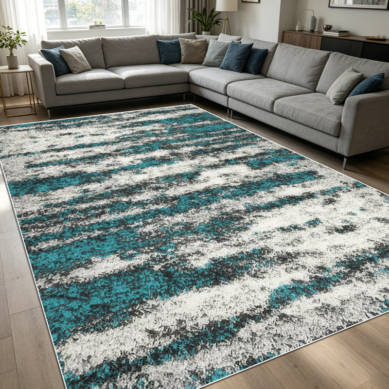 1PC Abstract Farmhouse Striped Teal & Cream area rugs for Living Room, Soft and Comfortable, Suitable for all seasons, easy-to-maintain, machine washable Indoor floor mat, Under Table Farmhouse suitable for dining room, bedroom, kitchen, entryway,
