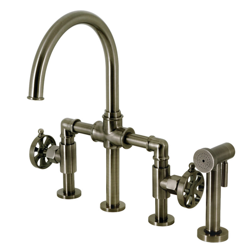 Kingston Brass Two-Handle 4-Hole Deck Mount Industrial Style Bridge Kitchen Faucet with Brass Side Sprayer, Black Stainless