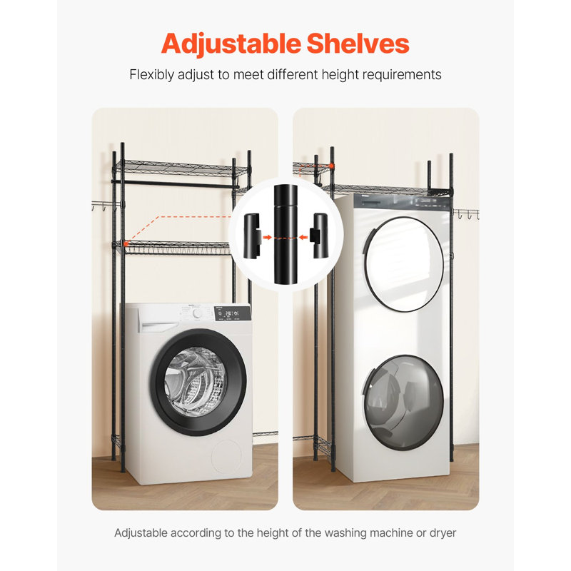 Au-dessus des étagères de rangement pour la laveuse et la sécheuse, support de séchage pour la salle de lavage à 4 niveaux avec tringle et crochets, deux rangées de laveuses réglables pour économiser de l'espace, pour le rangement et l'organisation de la salle de lavage, noir
