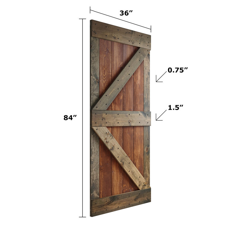 Porte de grange nouée à panneaux en bois et métal K Series, 36 po x 84 po, Noyer foncé / tonneau vieilli