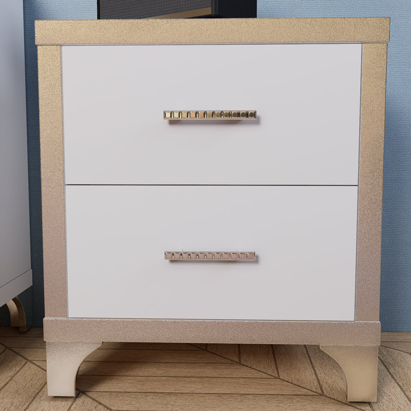 White 3-piece Set, Dressing Table And Two Bedside Tables With Metal Handles And Mirror Decoration, Elegant And Subtle