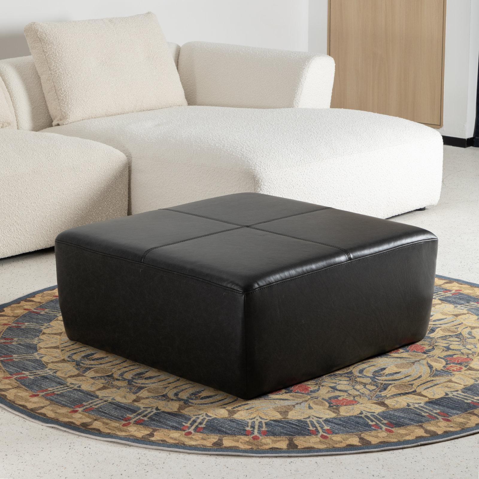  Hartwell 35" Square Genuine Leather Ottoman, Onyx Genuine Leather